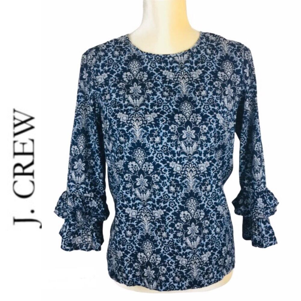 J. Crew Blue Floral Blouse Ruffle Sleeves Size 0